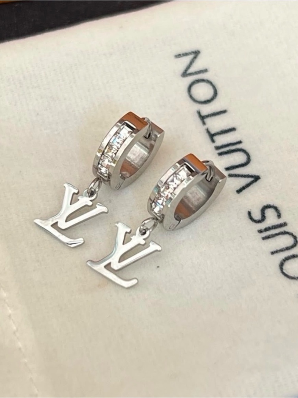 Lulu Inspired Silver Charm Huggie Earrings - Clear Crystal Accents
